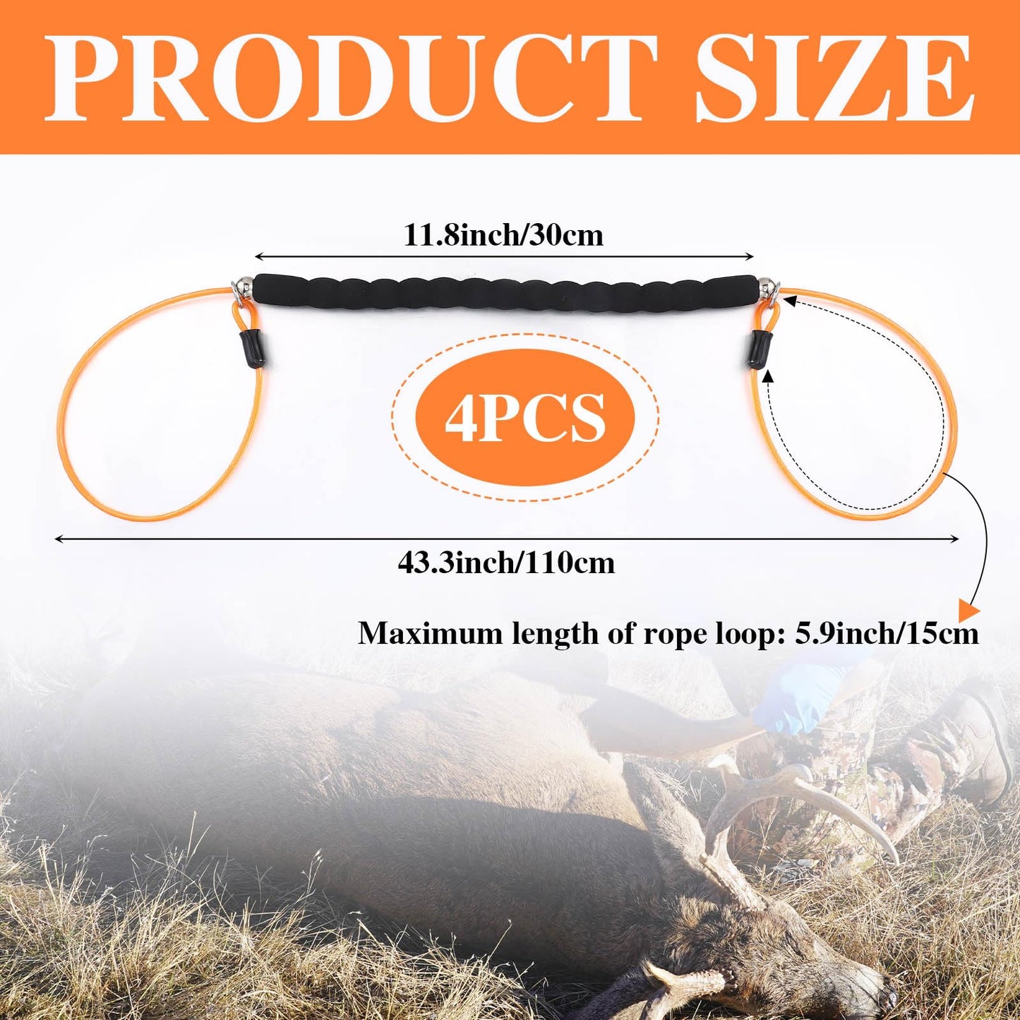 4 Pcs Deer Sled Deer Drag and Harness 43.3" Lightweight Portable Wirerope Cinch Hunting Accessories with Thick Foam Handle Hunting Gear Accessories Gifts Works with Bucks Does