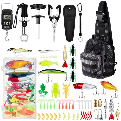 Sosation 134 Pcs Fishing Tool Kit Fishing Gear and Equipment for Men Adults, Include Hook Remover, Pliers Kit, Tackle Box with Tackle Included, Lures, Lip Gripper, Weigh Scale(Python Pattern)