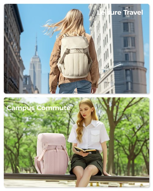 BAGSMART Backpack for Women, Wide Opening Travel Backpack, College Backpack for 15.6 Inch, Water-Resistant Quilted Daypack Lightweight Bookbag, Beige