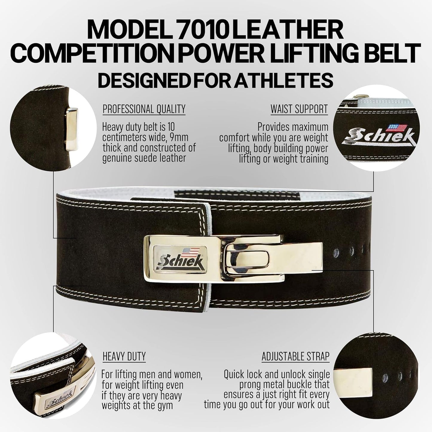 Schiek Sports 7010 Lever Competition Power Weight Lifting Belt - Suede Leather Lifting Belts with Steel Lever Metal Buckle