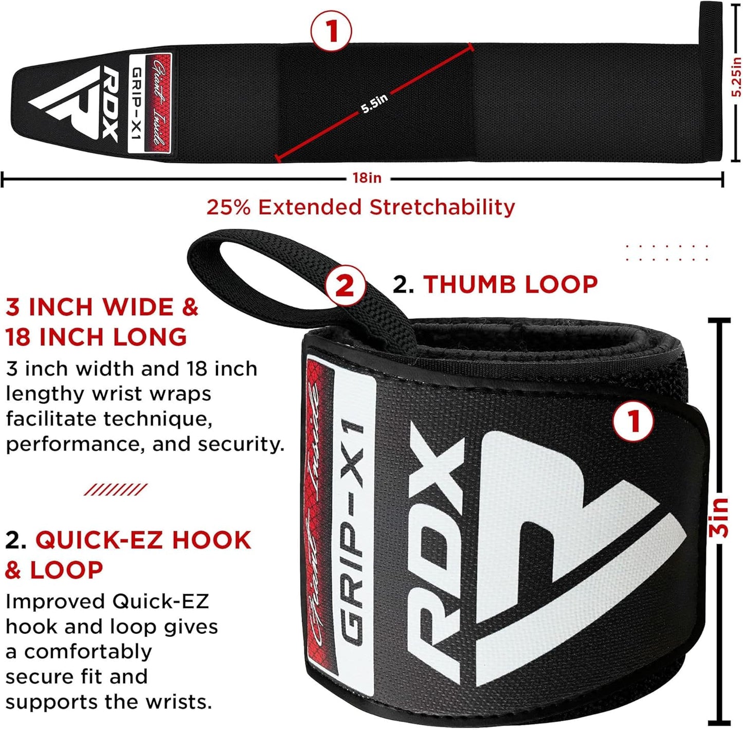 RDX Wrist Wraps for Weightlifting (Pair), IPL USPA Approved, Elasticated 18” Cotton Straps Support with Thumb Loop, Gym Wrap for Weight Lifting Powerlifting Competition Strength Training Bodybuilding