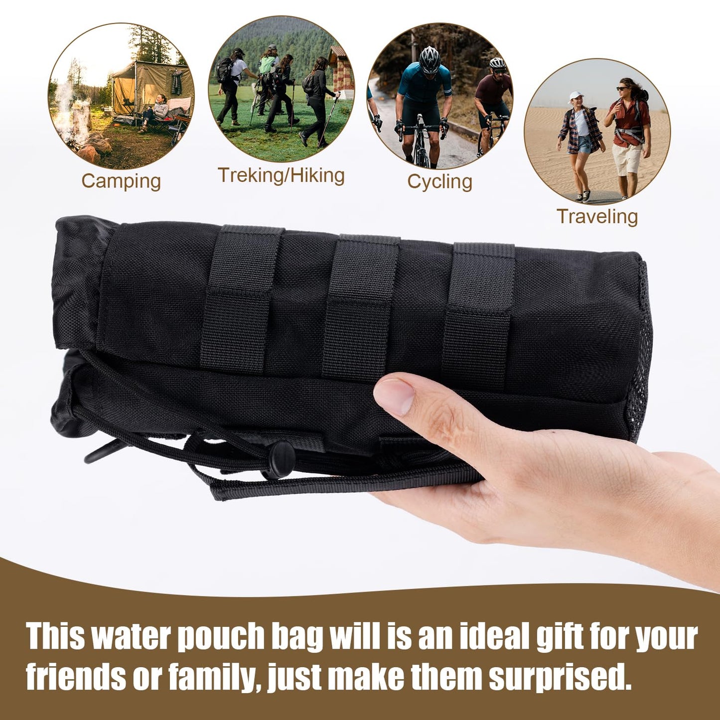 PEUTIER 2pcs Molle Water Bottle Holder, 1000D Nylon Sports Molle Bottle Pouch Carrier Bag with Drawstring Top Mesh Bottom Practical Molle Cup Holder for Outdoor Camping (Black)