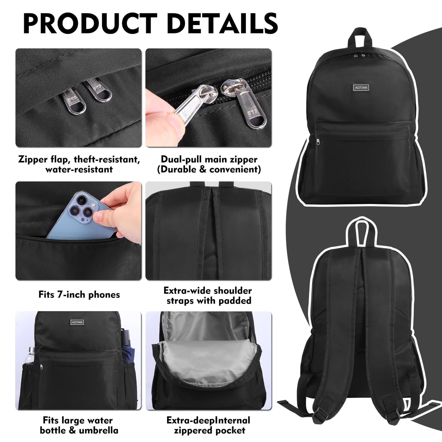 AOTIAN 17-Inch Backpack for Adult, Durable Lightweight Bookbag for Boys & Girls, Daypack for College, Work, Travel & Hiking