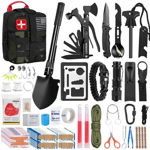 LUXMOM Survival Kit and First Aid Kit, 142Pcs Professional Survival Gear and Equipment with Molle Pouch, for Men Camping Outdoor Adventure/Gifts for Men Dad Christmas