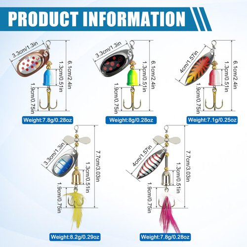 Inline Spinner Baits Kit, Metal Trout Bass Hard Lures for Freshwater Saltwater Fishing with Tackle Box (5pcs)