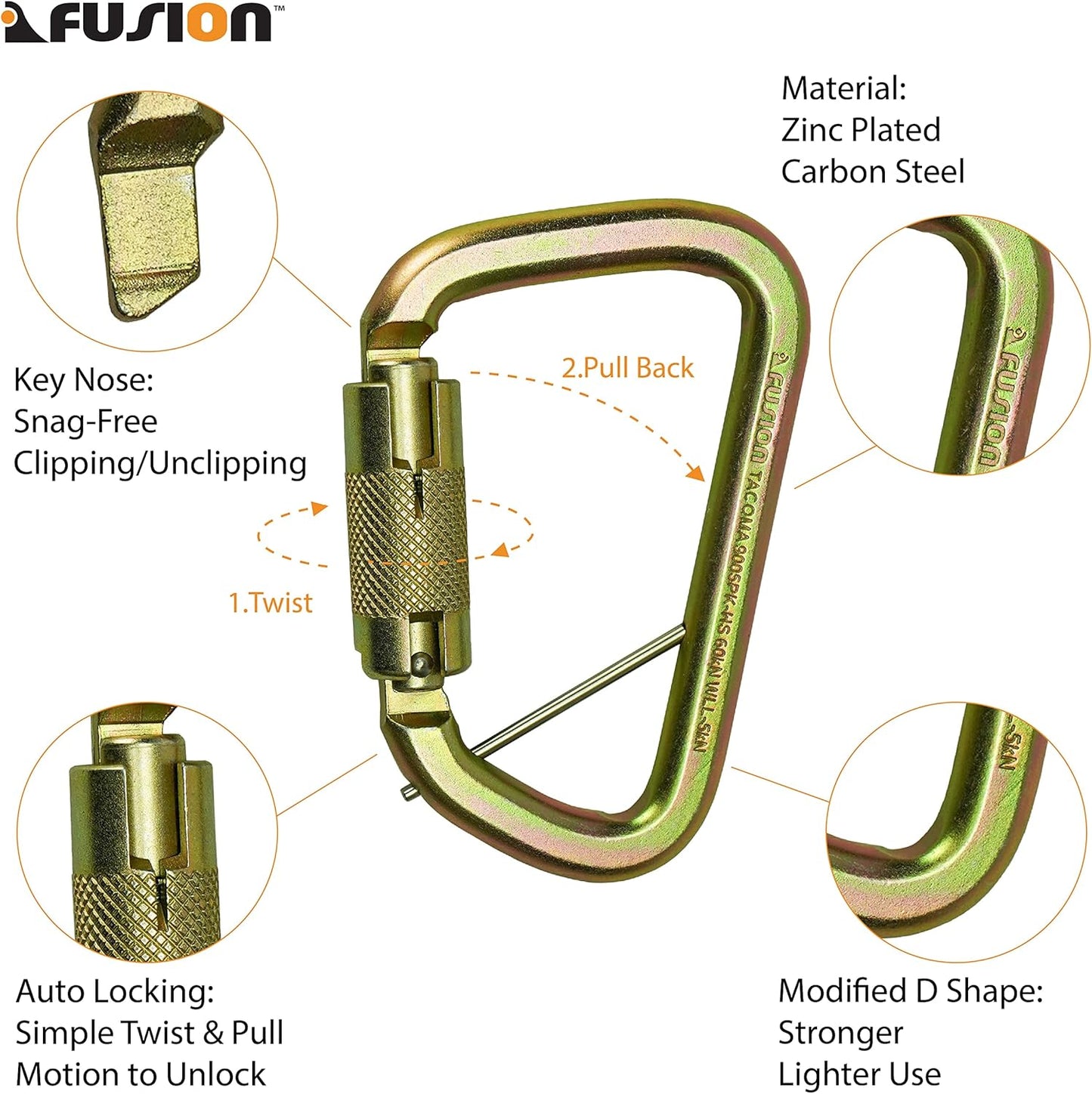 Fusion Climb Tacoma Steel High Strength Auto Lock Modified D-Shaped Steel Carabiner, Steel Clip