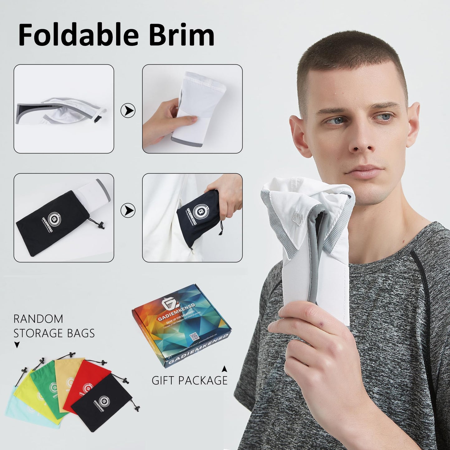 GADIEMKENSD 2 Pack Foldable Sports Sun Cap Men Women UV Protection Golf Hat Breathable Cooling Runner Hat Reflective Baseball Caps White Light Grey