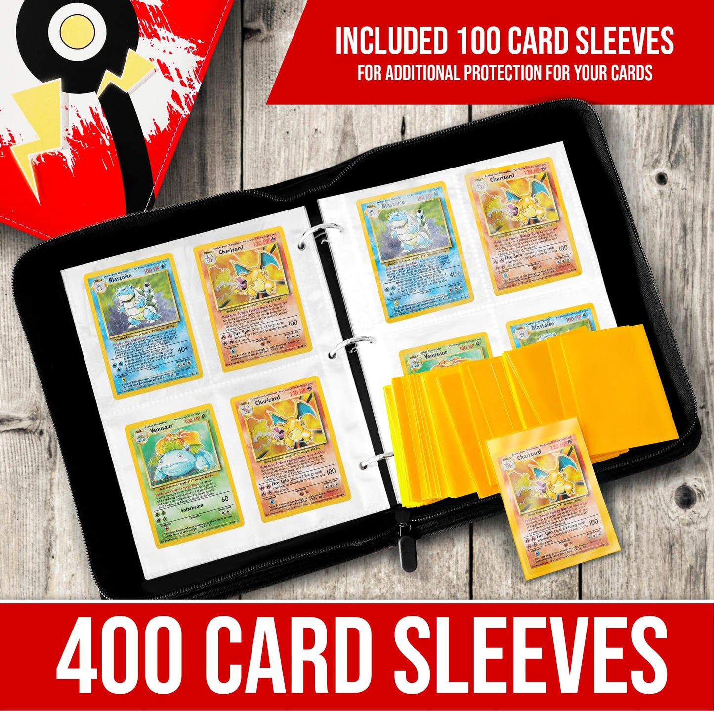 4-Pockets Trading Card Binder PLUS Extra Pack of 100 Sleeves, carries 440 cards in 55 Double sided Pages, FREE Pack of 100 Yellow Sleeves to safely store extra Cards, Premium Zipped PU Leather Cover