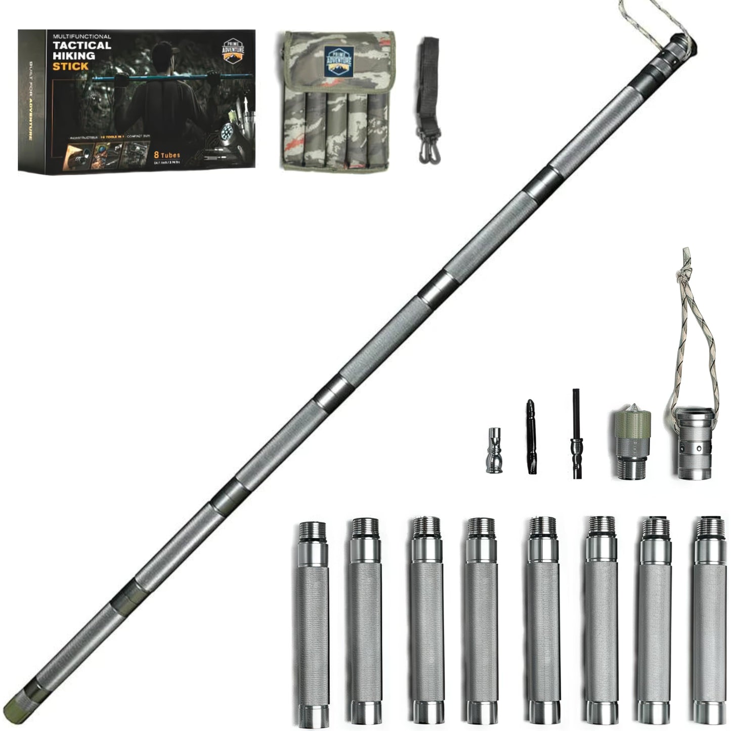 Prime Adventure Hiking Tactical Stick Walking Staff - Outdoor Multitool Gear Trekking Pole Collapsible Retractable Premium 15 in 1 | 8 Tubes