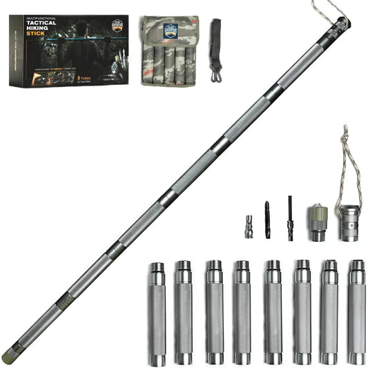 Prime Adventure Hiking Tactical Stick Walking Staff - Outdoor Multitool Gear Trekking Pole Collapsible Retractable Premium 15 in 1 | 8 Tubes