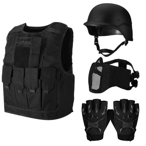 Cuffbow 4 Packs Tactical Vest Helmet Gloves Mask Set Paintball Vest Paintball Airsoft Fast Helmet Mask Gloves(Black)