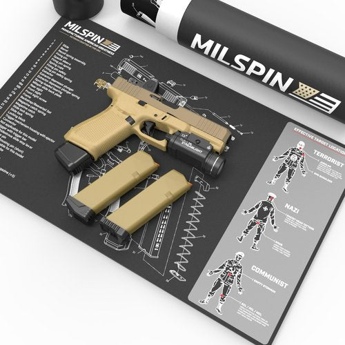 Milspin Gun Cleaning Mat for Glock, Double Thick Rubber Construction, Heavy Duty Non-Slip Surface, Solvent Resistant, Includes Storage Case