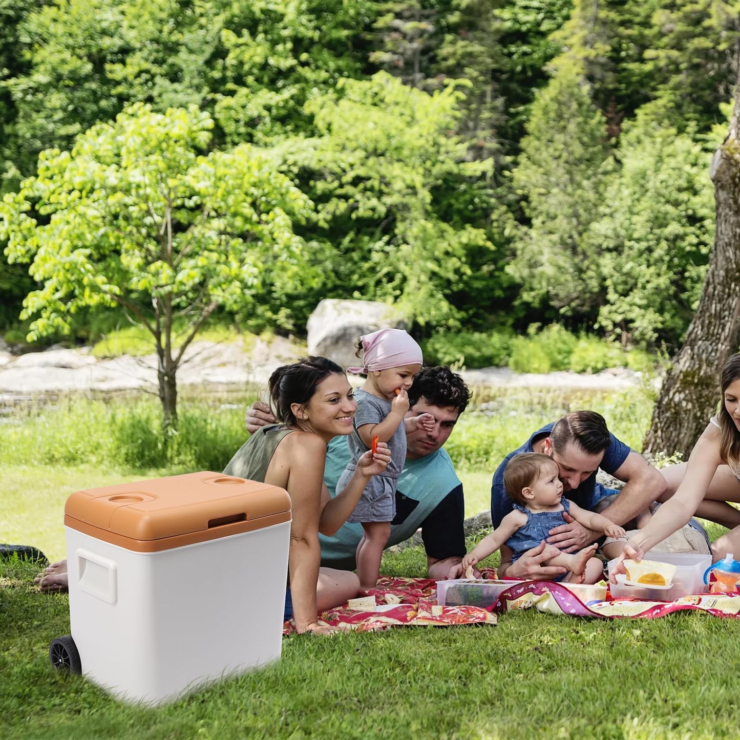 Aircity 32 Qt Cooler with Wheels, Ice Chests Portable Camping Cooler-2 Cup Holders, 4 Inch Wheels & Retractable Handle for Car Fridge for RV, Truck, Van, Camping, Travel, Outdoor(30L)