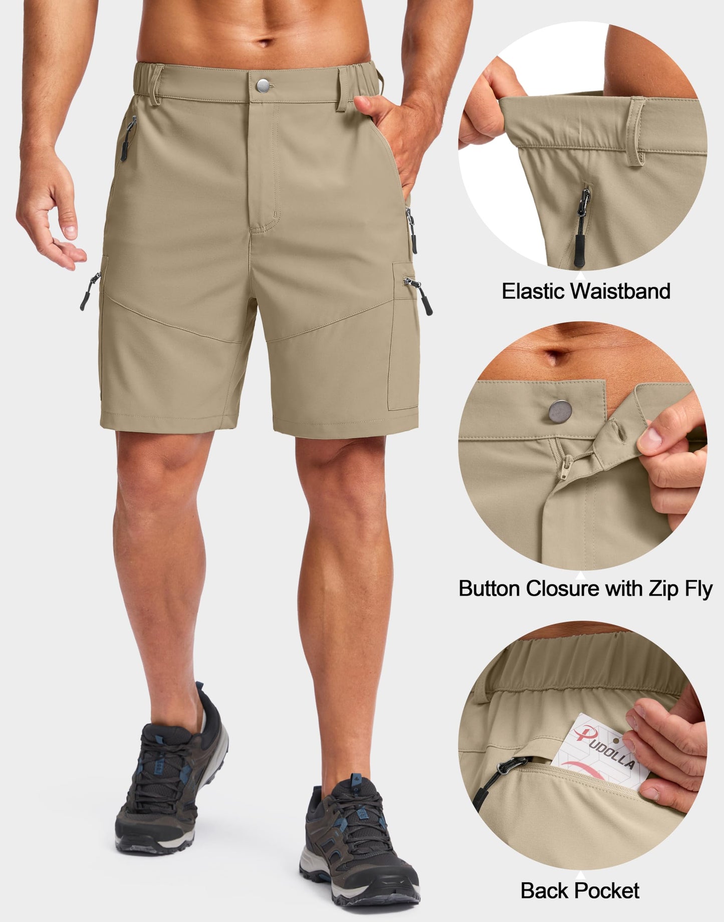 Pudolla Men's Hiking Cargo Shorts Lightweight 7" Travel Casual Shorts for Men Golf Work Outdoor with 5 Zipper Pockets(Dusty Khaki XX-Large)