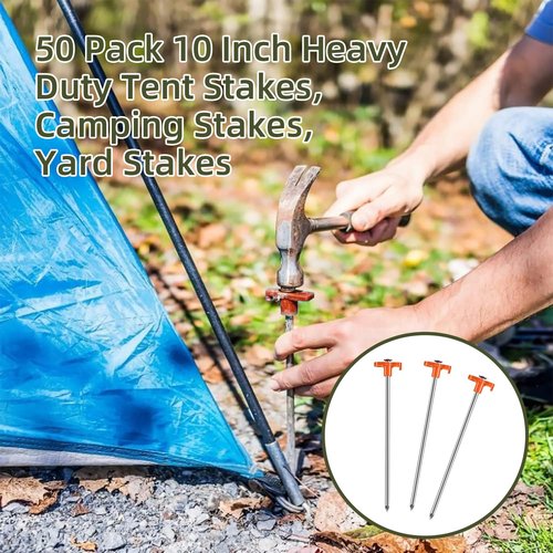 Ohiyoo 50 Pack Tent Stakes Heavy Duty 10 Inch Camping Stakes Yard Stakes Metal Tent Pegs for Ground Stakes Tent Spikes for Camping Garden Yard (Orange)