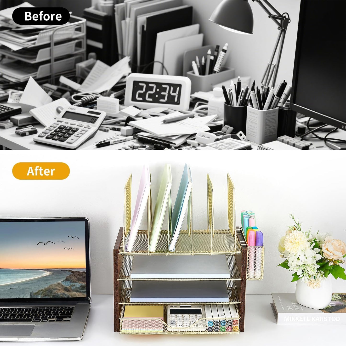Wood Desk Organizers and Accessories, 4-Tier Workspace Desktop Paper Organizer with Drawer, 5 Vertical File Holders and Pen Holder for Office Supplies