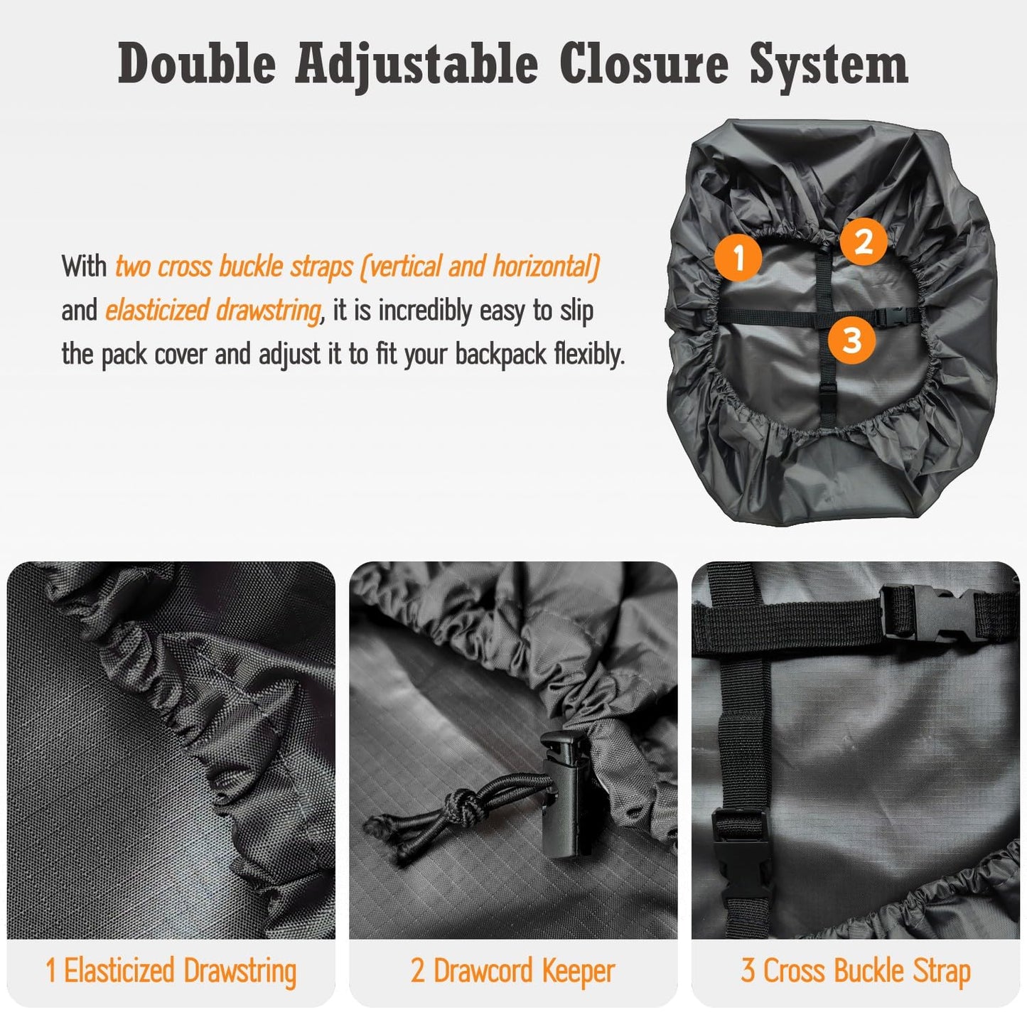 sheelokhwui Waterproof Backpack Rain Cover, Heavy-Duty Nylon Pack Cover with Upgraded Double Adjustable Closure System and a Carry Pouch for Hiking, Cycling, Camping, Outdoor (Dark Gray, XL, 65-90L)
