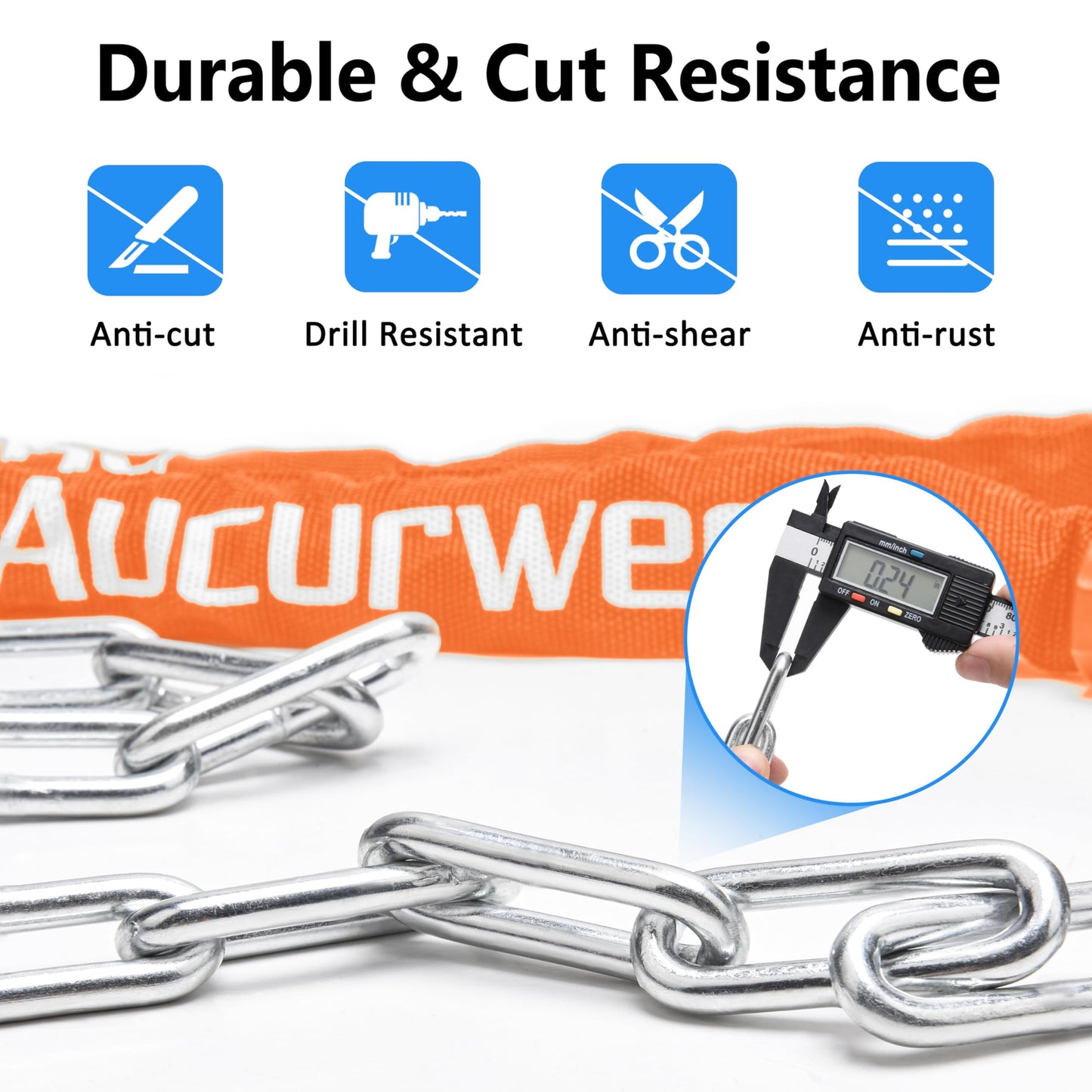 Aucurwen Bike Chain Lock, 3.2FT/4FT Combination & Keys 4-Digit Anti Theft Heavy Duty Bike Lock, Security Resettable Bicycle Lock for Bike, Bicycle, Electric Bike (Orange, 3.2FT Long, 6mm Thick)