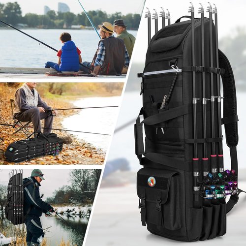 Rexmica Fishing Backpack Holds 8 Rods & Reels, Fishing Tackle Bag with Compartment for Tackle Boxes, Fishing Gear or Equipment, Fishing Rod Case Backpack, Fishing Pole Bag with Tactical Molle System