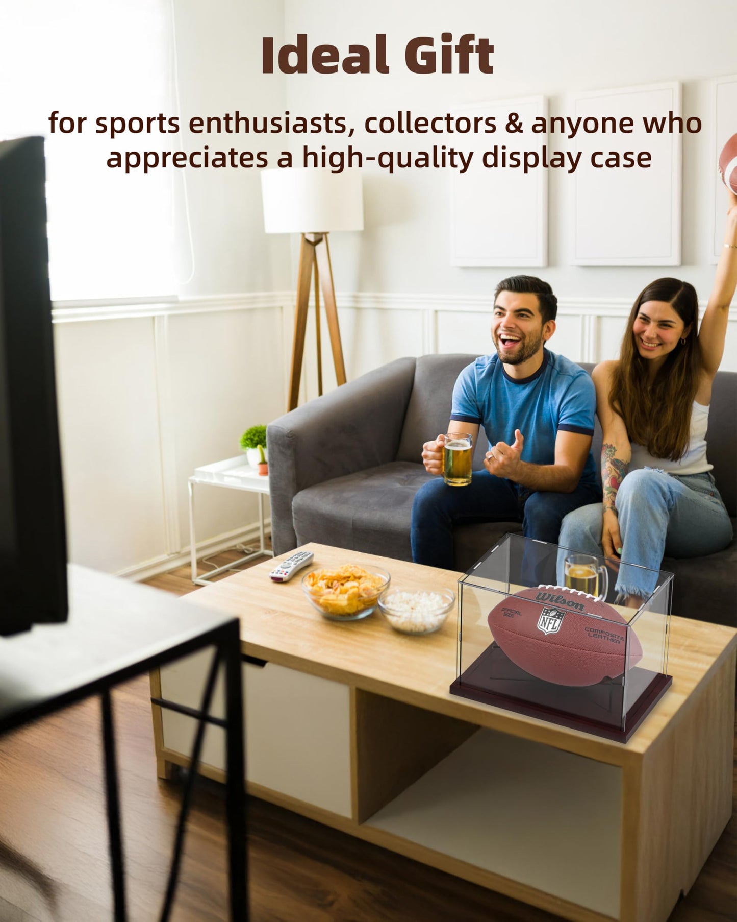 Fitense Football Display Case Acrylic Clear, Football Stand Holder Full Size with Solid Wood Base, UV Protected Football Display Box with Removable for Football Fans & Collectors, Memorabilia & Gift