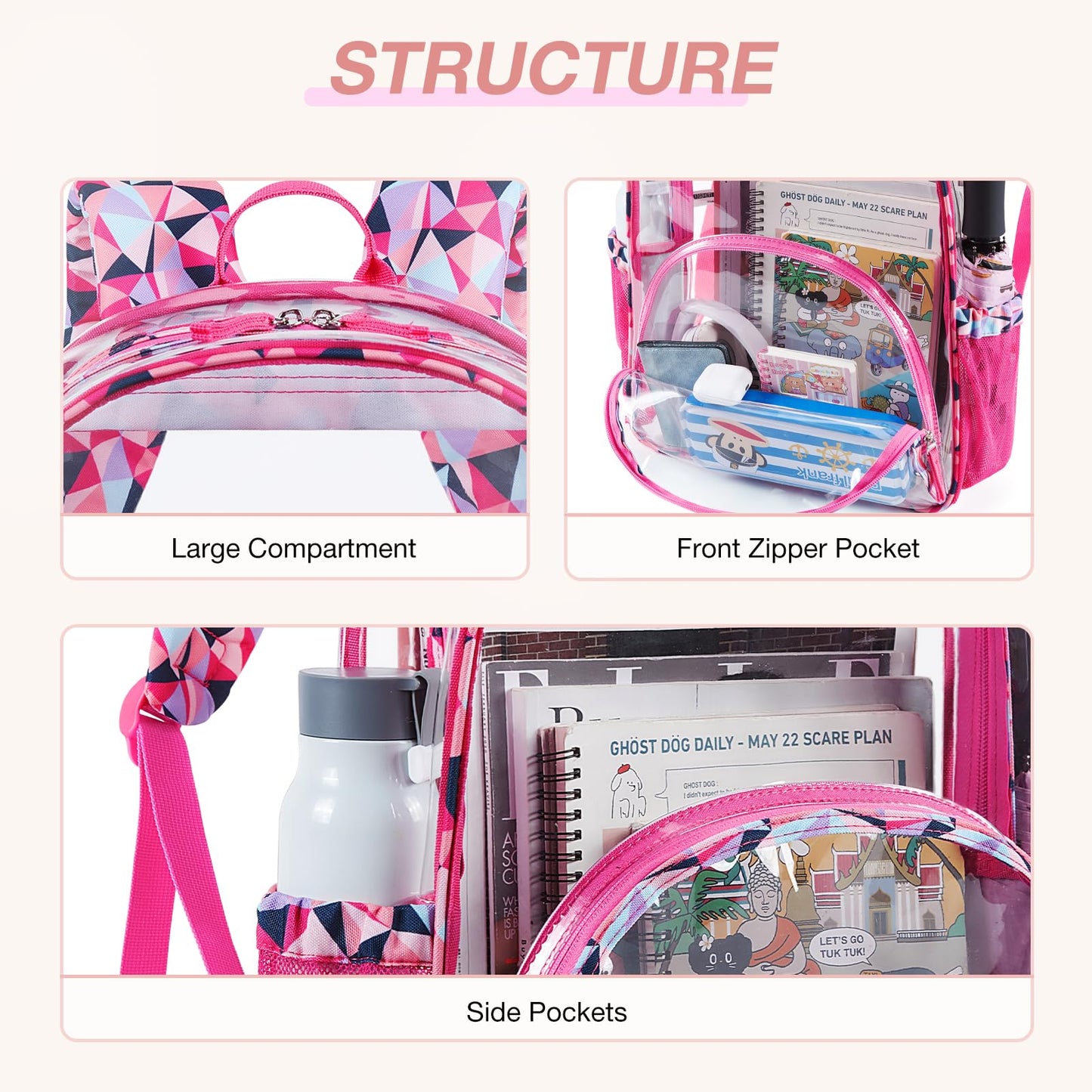 LIGHT FLIGHT Large Clear Backpack with Reinforced Padded Straps Heavy Duty PVC Transparent Backpack See Through Bookbags for Work,Travel,pink