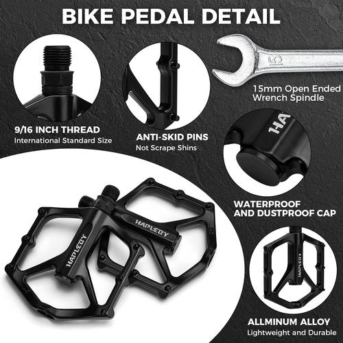 Hapleby Premium Bike Pedals of 9/16 Inch, Professional Mountain and Road Bike Flat Pedal with 2 Sealed Bearings, Wide Paltform and Lightweight of Bicycle Pedals, Come with Pedal Wrench 1PCS
