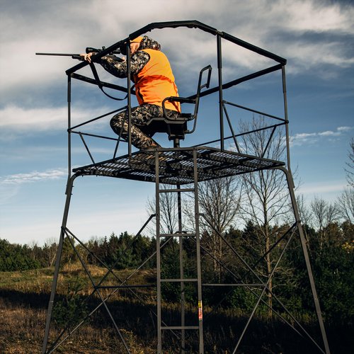 Rivers Edge® 12’ 2-Man Quad Pod Tower Stand, TearTuff™ Mesh Seats, 360-Degree Swivel Chairs, Adjustable Padded Shooting Rail, Unmatched Stability, Oversized Platform, RE401