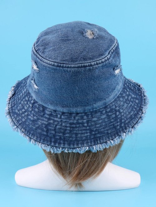 Verdusa Women's Ripped Denim Bucket Hat Raw Hem Sun Hat Outdoor Cap Navy Blue One-Size