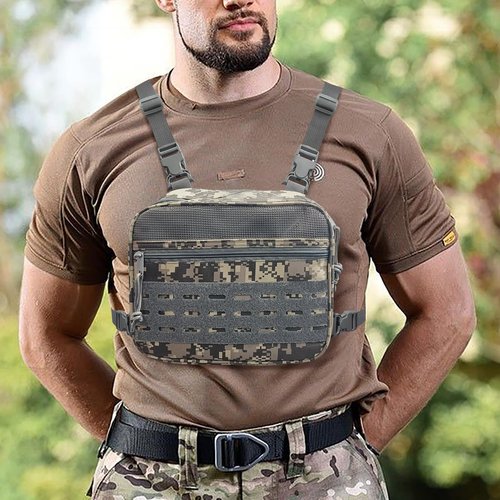 SMONT Tactical Chest Bag Pack for Men, Molle Micro Chest Rig Pouch for Hunting Fly Fishing Running Camo Grey