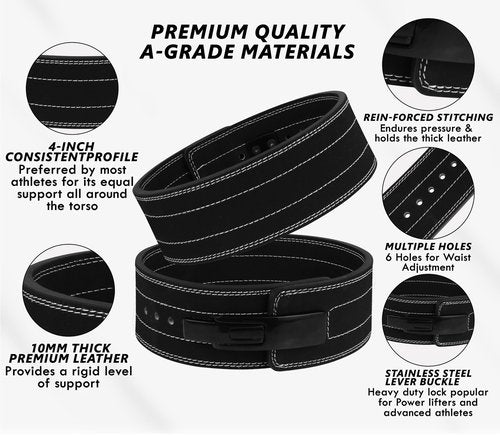 Lever Weight Lifting Leather Belt - 10mm Powerlifting Lever Belt for Men & Women - Lower Back Support Weightlifting Belt for Powerlifting, Deadlifts, Squats (M, Black)