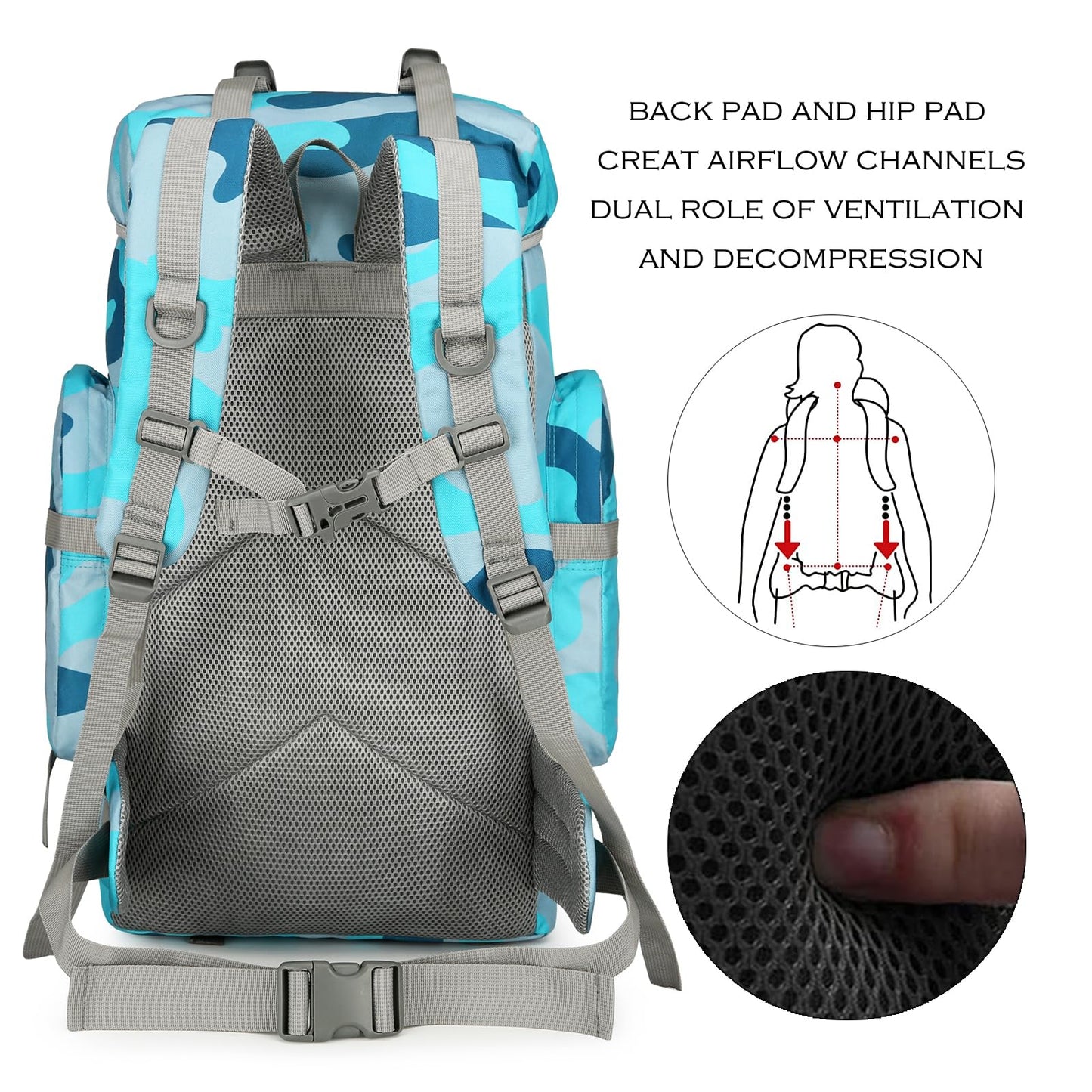 W WINTMING 45L Hiking Backpack Camping Rucksack Molle Military Backpack for Outdoor Traveling (BlueMix)