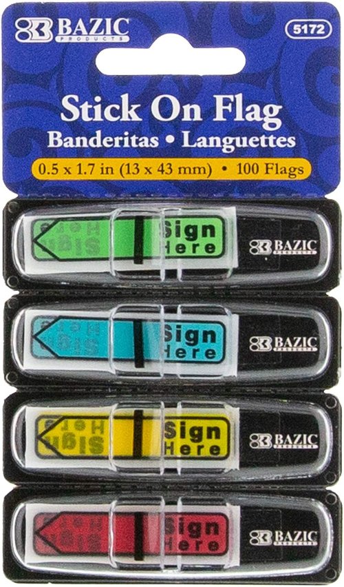 BAZIC Neon Page Markers Dispensers 0.5x1.7 Sign Here Neon Colored PET Arrow Flag Index Tabs, Page Bookmarks File Tab (100 Flags/Pack), 2-Packs