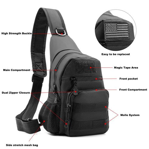 Laoyemen Tactical Sling Bag with Flag Patch, Adjustable Crossbody Bag for Hiking, Camping & Traveling,Shoulder Backpack with Molle System (Black)