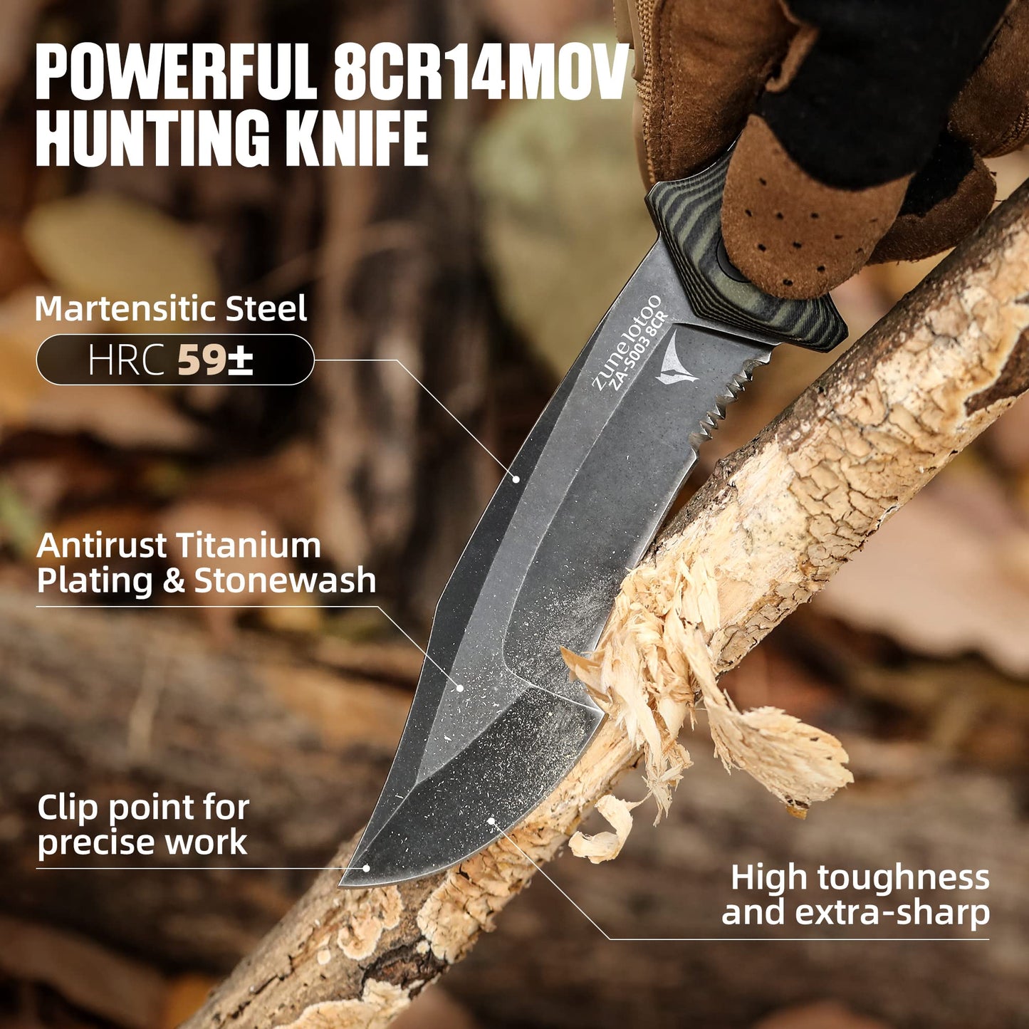 ZUNE LOTOO Full Tang Fixed Blade Tactical Knife for Men, 9.4" Bowie Knife with Kydex Sheath & G10 Handle, 8Cr14mov Survival Hunting Knives for Bushcraft Camping Outdoor Skinning