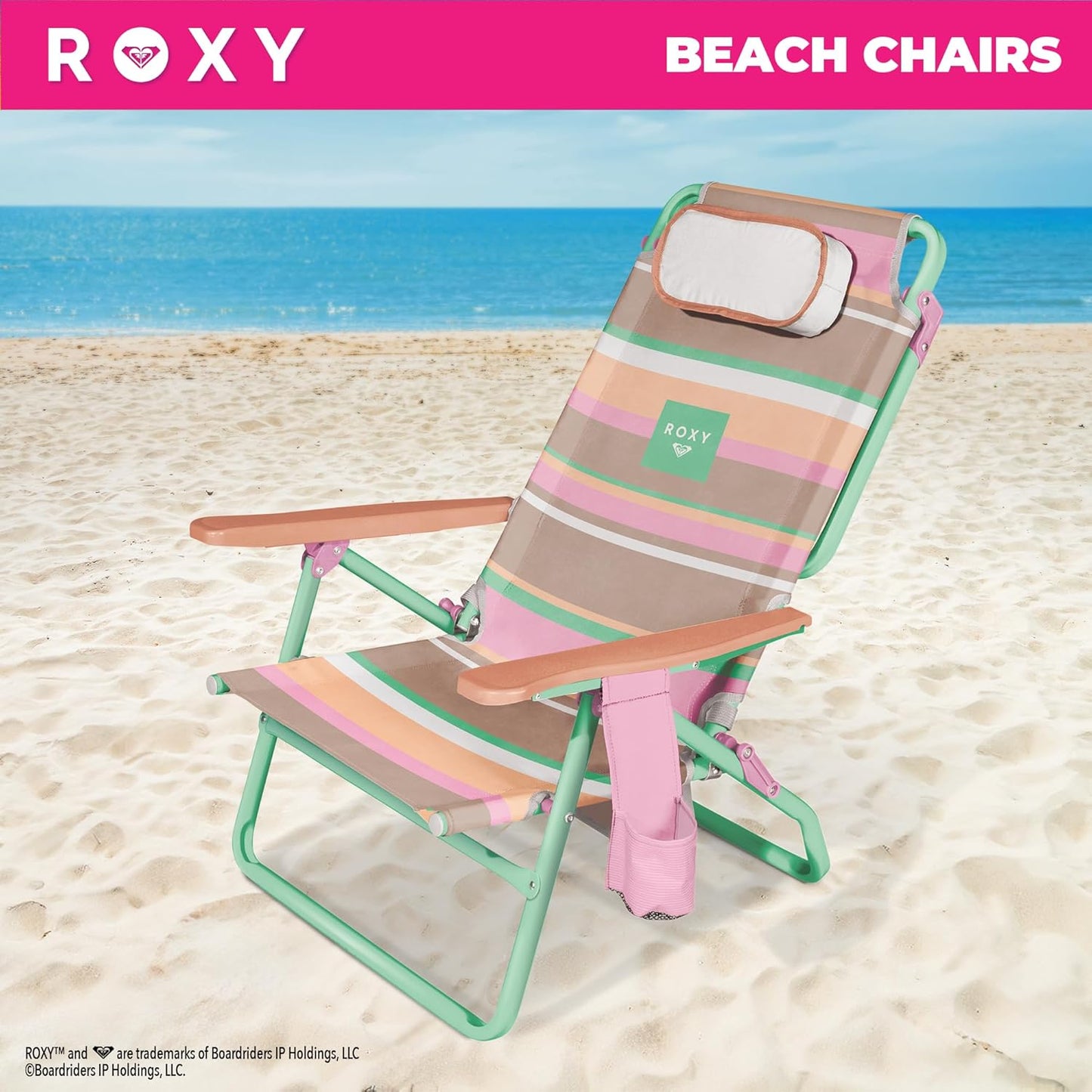 ROXY Beach Chair – Lounge Chair Outdoor, Lightweight Folding Chair with Adjustable Recline and Cup Holder – Beach Days, Pool Lounge Chairs, Folding Camping Chairs, Sun Tanning Chair or Festival
