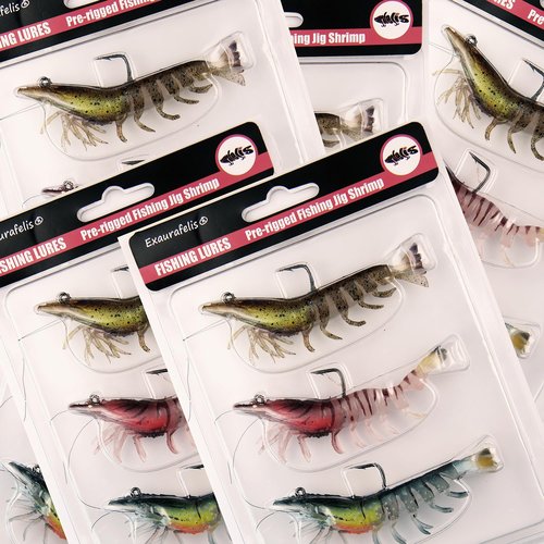𝗘𝗫𝗔𝗨𝗥𝗔𝗙𝗘𝗟𝗜𝗦 3pcs Fishing Lures Shrimps baits Pre-Rigged Fish Jigs - Soft Lure Bass Trout Lifelike Shrimp Crayfish Swimbait
