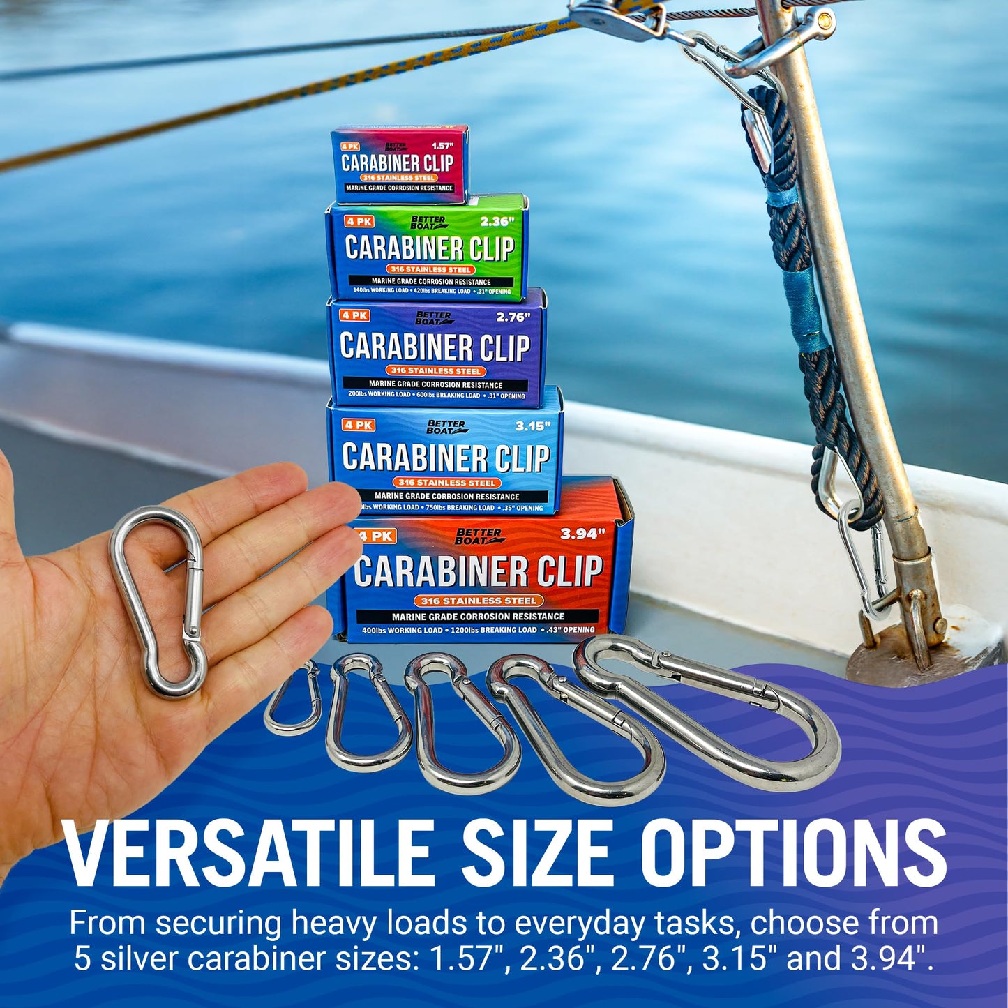 Stainless Steel Carabiner Clip, 4 Pack, 316 Marine Grade, Heavy Duty Spring Snap Hooks, Mini and Large Sizes, 2" to 4" Options, 2.76" Clips