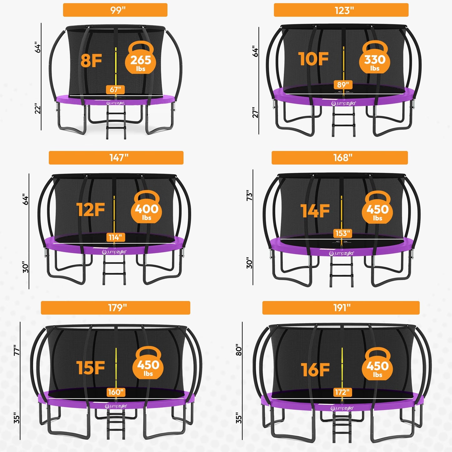JUMPZYLLA Outdoor Trampoline with Net for Kids 10FT 12FT 14FT 15FT 16FT