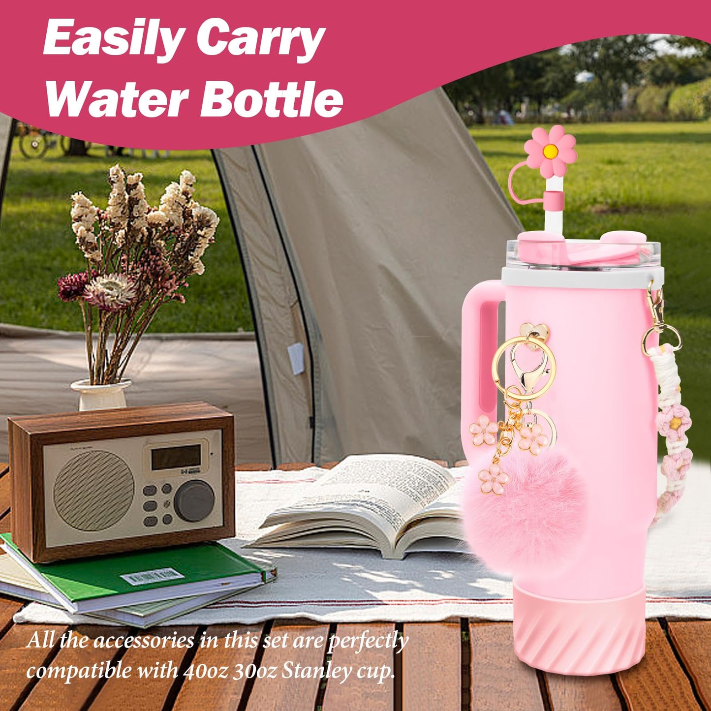 7PCS Accessories Set for Stanley Cup 40 oz 30oz, Including Protective Silicone Boot, Water Bottle Handle Strap, Keychain Charm, Heart Hook, Straw Cover Cap for Stanley Cup Accessories (Pink)