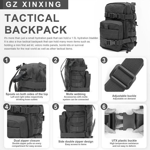 GZ XINXING Tactical Hydration Backpack, Outdoor Water Backpack Carrier Pack for Vest Backpack, Holds 1.5L Water Bladder, Mini MOLLE Tactical Backpack for Hiking, Biking, Running, Climbing