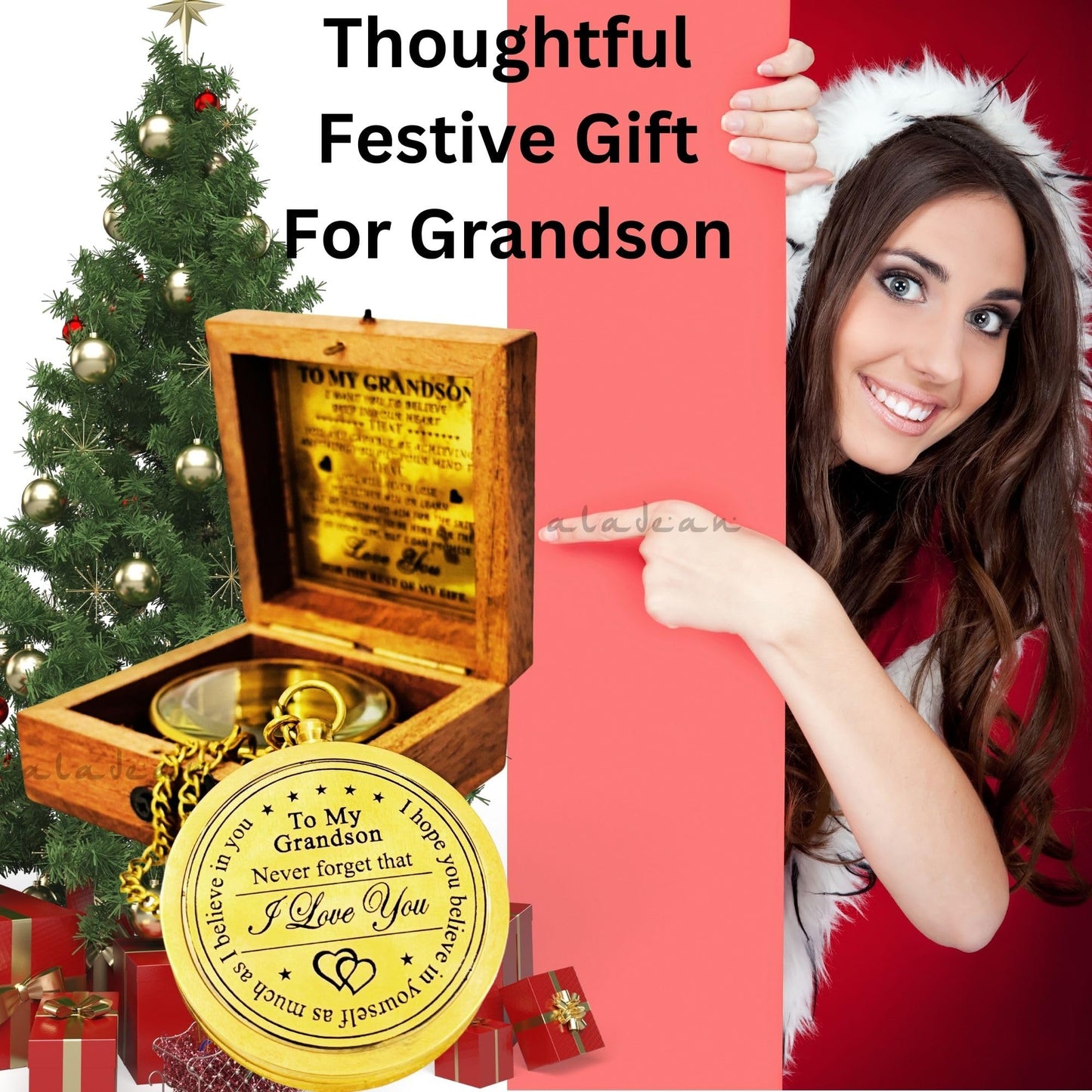 ALADEAN Brass Grandson's Divine Path Finder Compass - Engraved Quote, Wood Box, Uplifting Gift