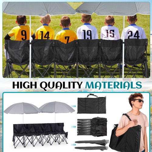 Cinnvoice Folding Soccer Bench Chair Portable Team Sports Sideline Team Bench Seat with Umbrella for Football Camp Travel Events Outdoor Seating with Storage Bag(6 Seat)
