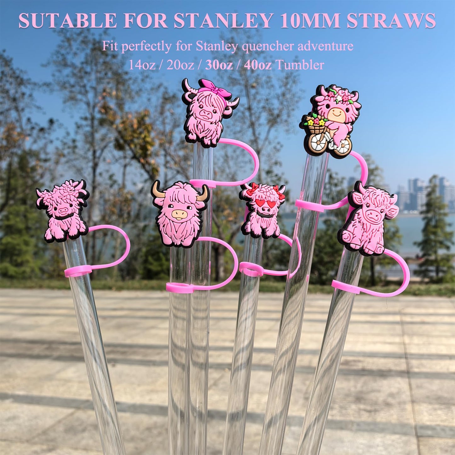 Amreich Straw Toppers - Pink Highland Cow Straw Cover Silicone Tumbler Accessories for Stanley 30-40 Oz Cups 0.4in Cow Straws Covers Cap