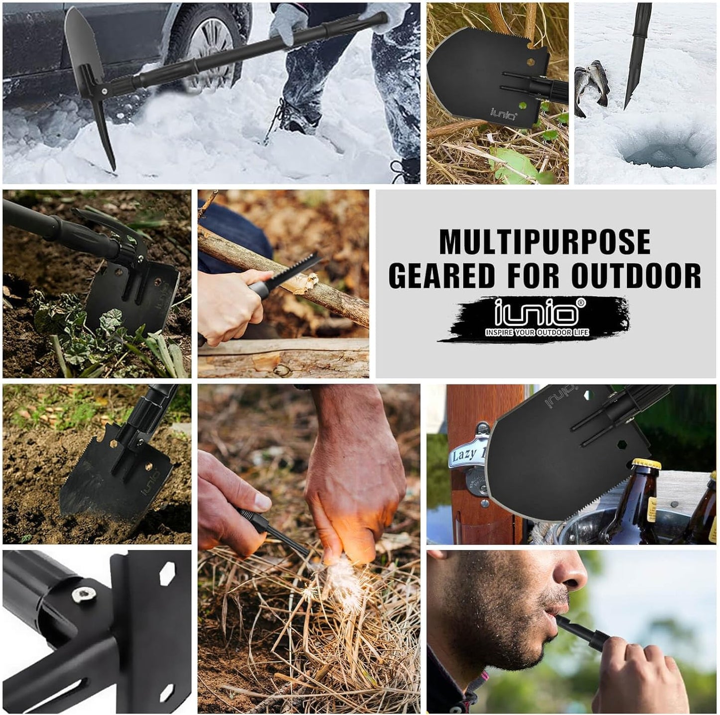 iunio Camping Shovel,Shovel Folding, Portable, Multitool, Foldable Entrenching Tool, Collapsible Spade, for Backpacking, Trenching, Hiking, Survival, Car Emergency
