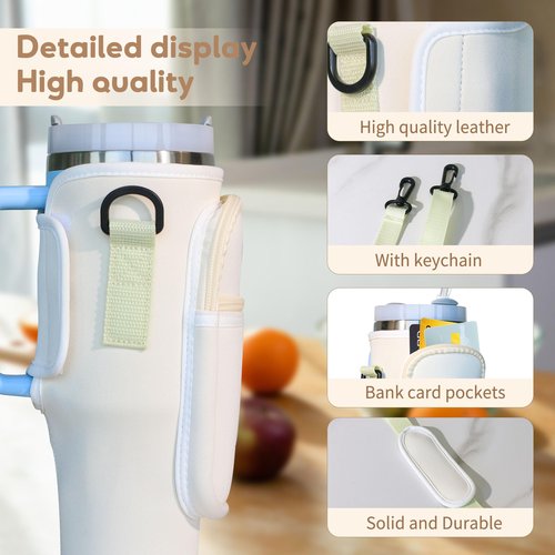 DOVO Water Bottle Carrier Bag with Pocket for Stanley 40 oz Tumbler Neoprene Water Bottle Holder Pouch with Adjustable Strap Bollus with Straw Cover & Letter Charm for Stanley Cup Accessories