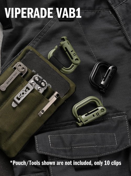 VIPERADE VAB1 10 Pack Multipurpose D-Ring, Grimlock Locking for 1.4" Molle Webbing,Tactical Locking Carabiner for MOLLE Webbing Attachment Backpacks/Pouch/Bag (Black)