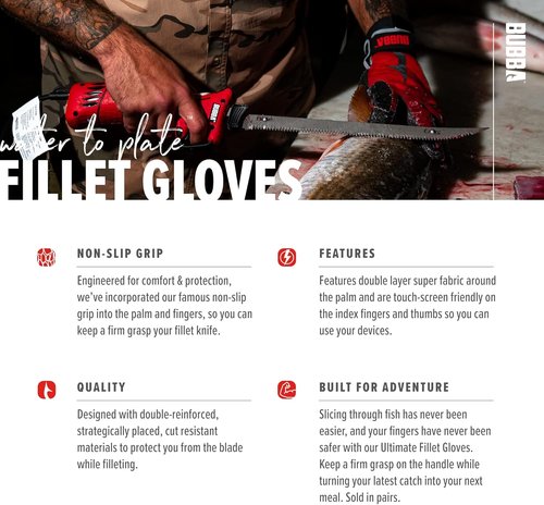 BUBBA Ultimate Fillet Gloves - Cut Resistant - Touch Screen Usability for Fishing, Angling, Boating & Outdoors