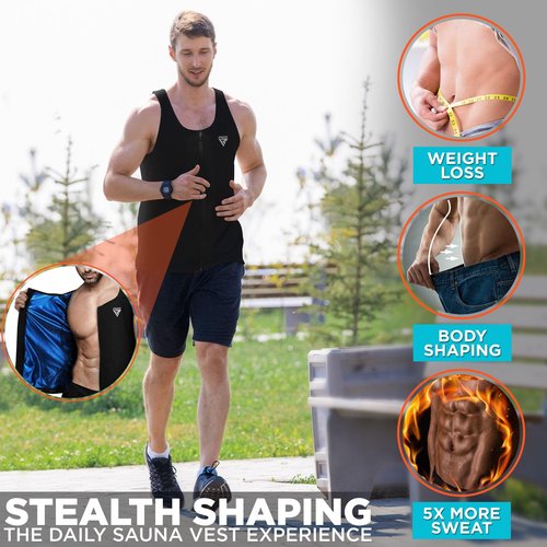 RDX Men Sauna Vest, Sweat Workout Shirt, Waist Trainer, Corset, Compression Body Shaper Zipper and Seamless