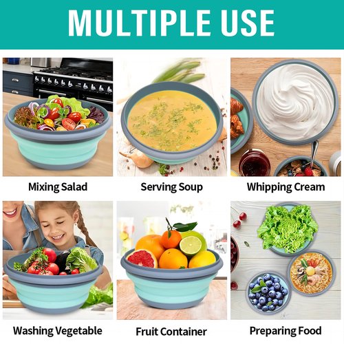 Huntoshon Collapsible Bowls, 3pcs Food Grade Silicone Camping Bowl Salad Bowl with lids, Portable Expandable Lunch Box Food Storage Container for Camping Travel and Picnic,Blue