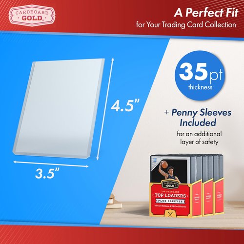 Cardboard Gold - 35pt Top Loaders for Trading Cards With Bonus Soft Sleeves - 25 Count - Premium 3x4 Inch Toploaders - Protect Your Baseball and Sports Cards With These Hard Plastic Protectors